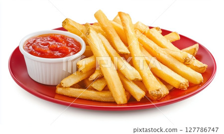 Crispy Golden French Fries with Tasty Red Ketchup Dipping Sauce 127786747