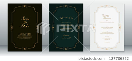 Luxury Wedding Invitation and Menu Set with Gold Line Art Frame on Black, Green, and Cream Backgrounds Luxury Wedding Invitation and Menu Set with Gold Line Art Frame on Black, Green, and Cream Backgrounds 127786852