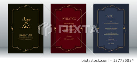 Luxury Wedding Invitation and Menu Set with Gold Vintage Frames on Black, Burgundy, and Navy Blue Backgrounds Luxury Wedding Invitation and Menu Set with Gold Vintage Frames on Black, Burgundy, and Navy Blue Backgrounds 127786854