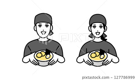 拉麵店男女員工的頭像，面帶微笑，手裡拿著拉麵 127786999