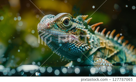 A macro shot captures the stunning details and colors of a water dragon lizard's intricate scales. A macro shot captures the stunning details and colors of a water dragon lizard's intricate scales. 127787065