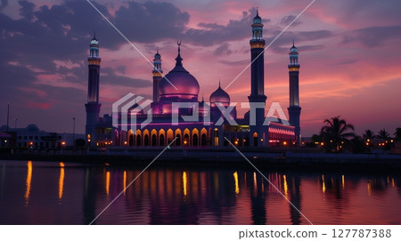 A mosque glows warmly for Eid Mubarak, symbolizing peace, harmony, and togetherness. 127787388
