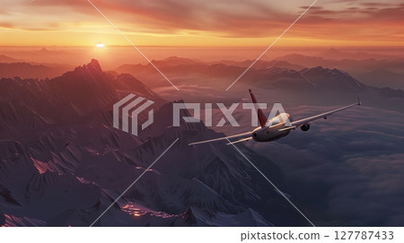 An airplane glides over a mountain range, silhouetted by a warm, colorful sunset. 127787433