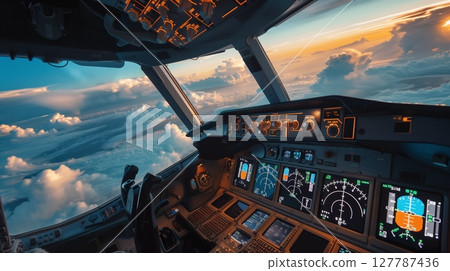 From the cockpit, pilots navigate vast skies under a quilt of clouds with glowing instruments. From the cockpit, pilots navigate vast skies under a quilt of clouds with glowing instruments. 127787436