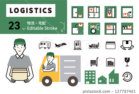 與物流、送貨上門、送貨、運輸和快遞服務相關的圖標集 127787481