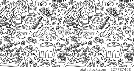 Outline detailed coloring page with french breakfast in doodle style, serving on white background 127787498