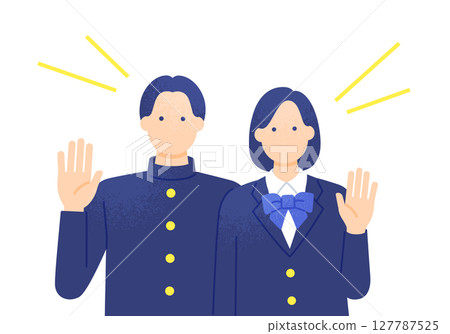 High school students waving their hands. Upper body vector illustration of men and women in uniforms 127787525