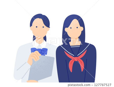 Fun school life A girl holding a tablet and a girl snuggling up to each other Vector material of two friends 127787527