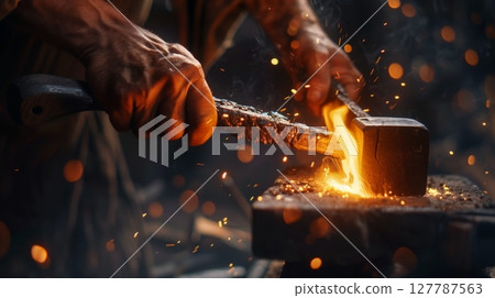Blacksmith skillfully hammers glowing red-hot metal on anvil, sparks flying as he shapes it precisely. 127787563