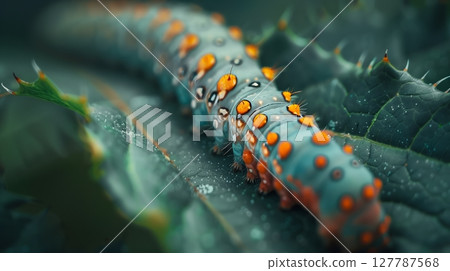 Close-up of a caterpillar on a leaf, showcasing its intricate texture, vibrant colors, and tiny bristles. 127787568