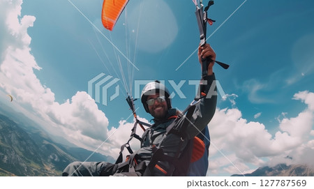 A low-angle shot captures a paraglider soaring above majestic mountains, showcasing aerial adventure's beauty. 127787569