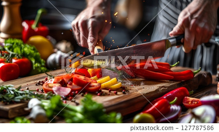 A chef's knife effortlessly slices vibrant, fresh vegetables on a sturdy wooden board, showcasing skill. A chef's knife effortlessly slices vibrant, fresh vegetables on a sturdy wooden board, showcasing skill. 127787586