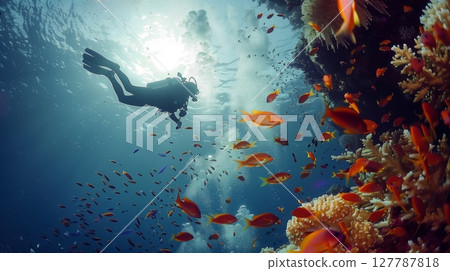 A low-angle shot captures a diver exploring a vibrant coral reef teeming with colorful fish. 127787818