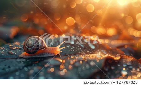 A macro shot captures a snail crawling on a green leaf, leaving a glistening iridescent trail. 127787823