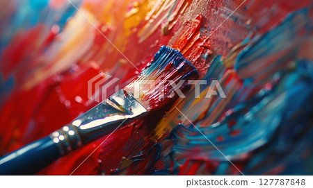 Brush touches canvas, blending vibrant paints to create a vivid masterpiece. 127787848
