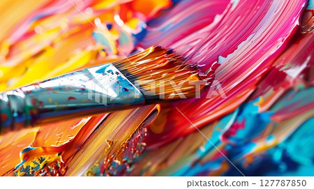 Macro shot of a brush delicately blending vivid paint on a canvas, creating a mesmerizing masterpiece. 127787850
