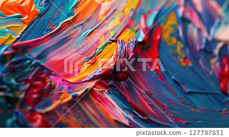 Artist's brush gently blends vibrant colors on the canvas, each stroke adding depth and emotion. 127787851