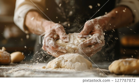 A close-up captures the baker's hands kneading dough, showcasing intricate textures and fluid movements. 127787872