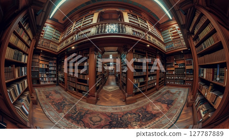 A fisheye view of packed library bookshelves creates an immersive sense of depth and wonder. A fisheye view of packed library bookshelves creates an immersive sense of depth and wonder. 127787889