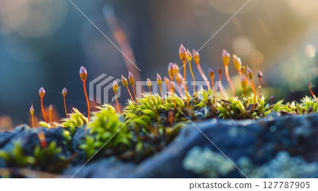 Macro shot of moss on a rock, showing intricate details of green filaments and rugged surface with clarity. 127787905
