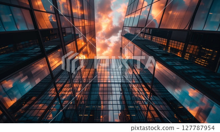 A low-angle shot captures a skyscraper at sunset, with vibrant colors reflecting in its glass windows. 127787954