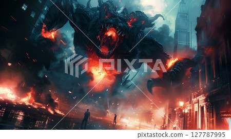 A monstrous creature wreaks havoc on the city, with buildings crumbling, people fleeing, and heroes stepping in. 127787995