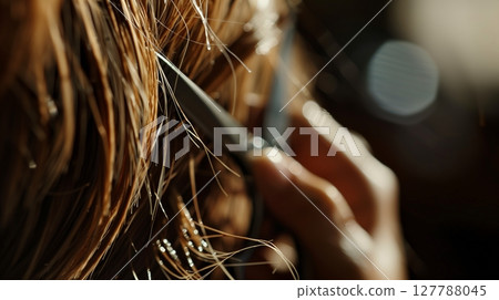 Close-up of a hairdresser cutting hair, showcasing sharp scissors and precise skill. 127788045