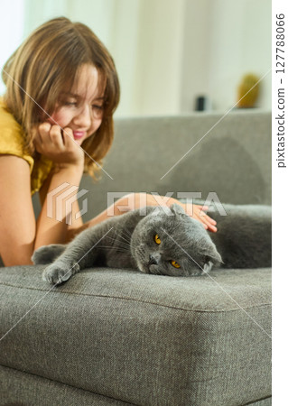 Teen girl interacts with a playful Scottish Fold cat at home on a cozy couch during the afternoon 127788066
