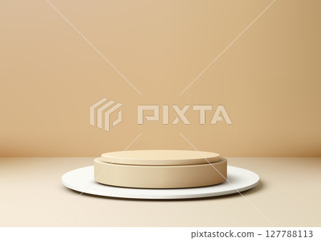 minimalist beige cylindrical podium mockup, 3d two tiered product display on white circular base, clean aesthetic showcase 127788113