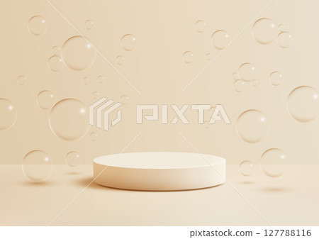 3d circular podium on light peach background with transparent floating bubbles clean modern product display mockup showcase 127788116