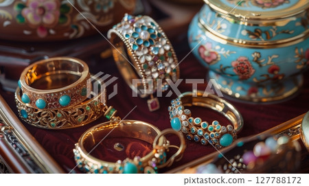 Peranakan jewelry, with intricate patterns, blends Chinese, Malay, and Indian influences, showcasing unique heritage. Peranakan jewelry, with intricate patterns, blends Chinese, Malay, and Indian influences, showcasing unique heritage. 127788172