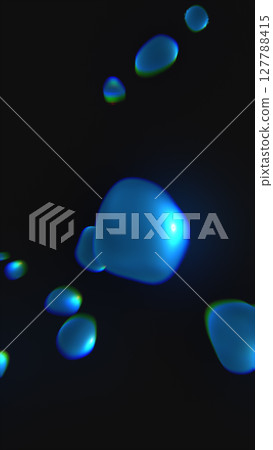 Floating blue liquid blobs in dark space, creating a glowing fluid motion effect with reflections and soft color gradients 127788415