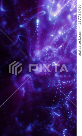 Purple abstract glowing dots forming chaotic trails over a dark backdrop 127788416