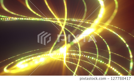 Bright golden-yellow energy streams crossing in dynamic arcs, forming a glowing grid of motion and light 127788417