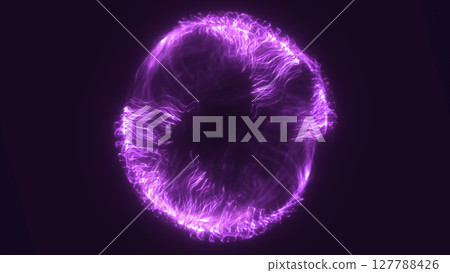 Vibrant glowing purple plasma ring with dynamic wavy trails on a deep violet background 127788426