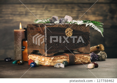Rustic Wooden Chest with Crystals and Vintage Journal Rustic Wooden Chest with Crystals and Vintage Journal 127788462