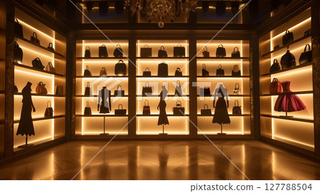 A chic walk-in closet with backlit shelves highlights fashion items, creating an elegant and stylish display. 127788504