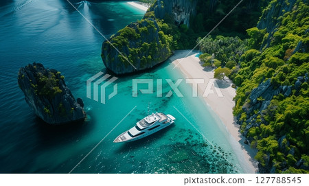 Cruise tropical coastlines, explore hidden coves, and discover pristine beaches, marine life, and local culture. 127788545
