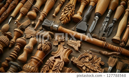 Wood-carving tools evolved from primitive implements to precision instruments, mirroring cultural progress. 127788568