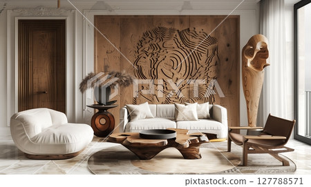 Wood carving in contemporary design enhances spaces with bespoke furniture and intricate decor, adding timeless appeal. 127788571