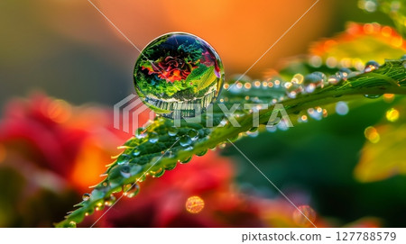 A macro close-up captures a dewdrop on a leaf, reflecting the surrounding garden in exquisite detail. 127788579