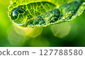 A macro close-up captures a dewdrop on a leaf, reflecting an inverted, detailed miniature world. 127788580