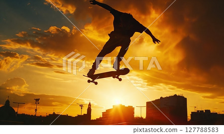 A low-angle shot captures a skateboarder mid-air at sunset, vividly highlighting the thrill and energy. 127788583