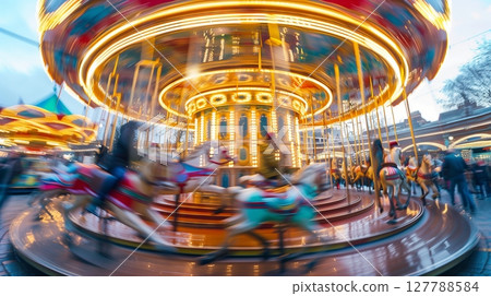 A fisheye lens captures a vintage carousel in motion, with vibrant lights and blurred figures, evoking nostalgia. 127788584
