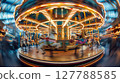 A fisheye lens captures a vintage carousel with colorful lights and blurred figures, evoking nostalgia. 127788585