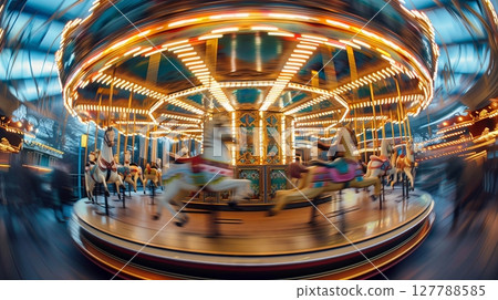 A fisheye lens captures a vintage carousel with colorful lights and blurred figures, evoking nostalgia. 127788585