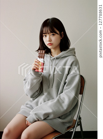 Girl sitting on a metal chair and eating a chocolate bar Girl sitting on a metal chair and eating a chocolate bar 127788631
