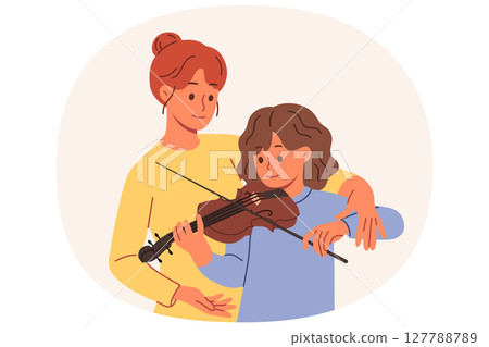 Learning to play violin for teenage girl, from professional teacher who helps to hold bow correctly 127788789
