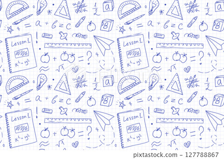 School supplies, a seamless pattern drawn with a pen on a checkered background. The concept of Education and science. A Back to School print for Knowledge Day with outline drawings on a notebook sheet 127788867
