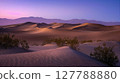 A tranquil desert at twilight, with the setting sun casting elongated shadows over undulating dunes. 127788880